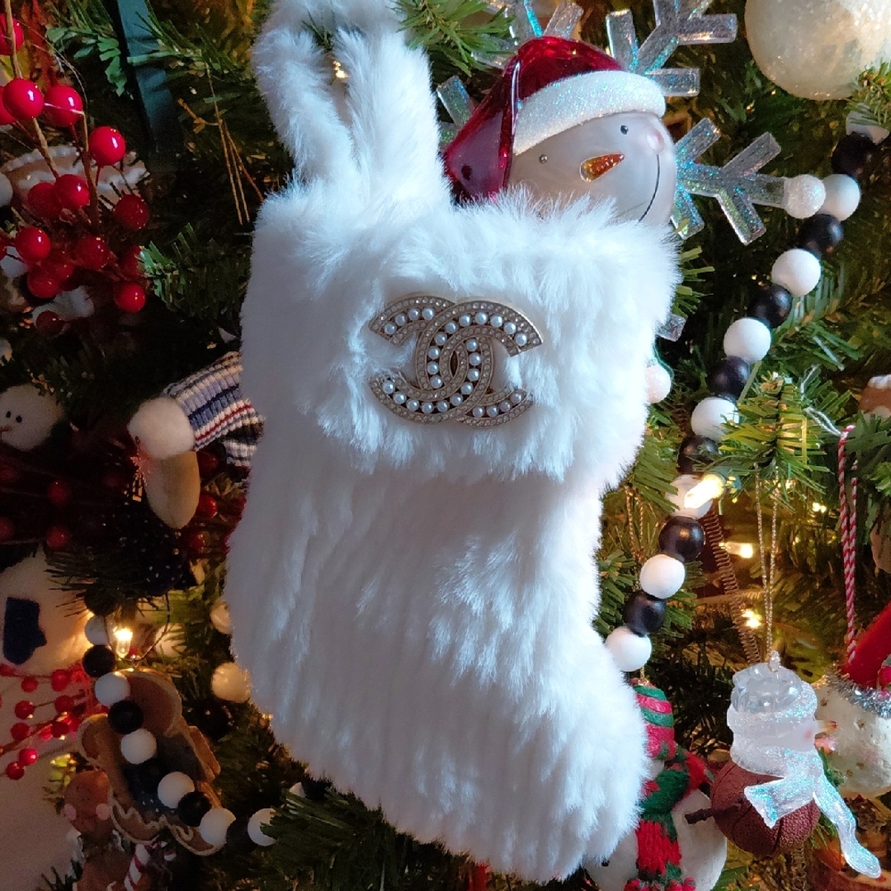 White Faux Fur Stocking with Chanel Logo